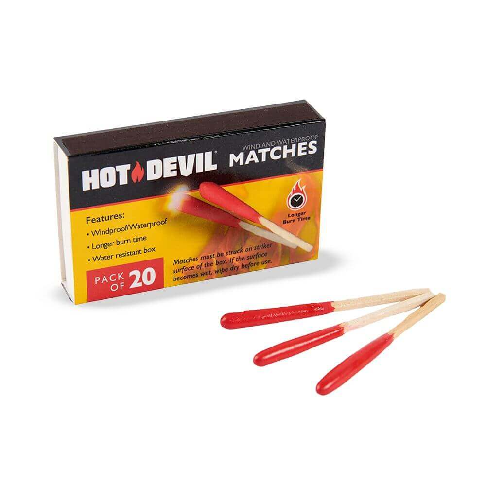 Windproof Waterproof Matches 20 pack by Bathurst Firewood in a water-resistant box with red-tipped matches.